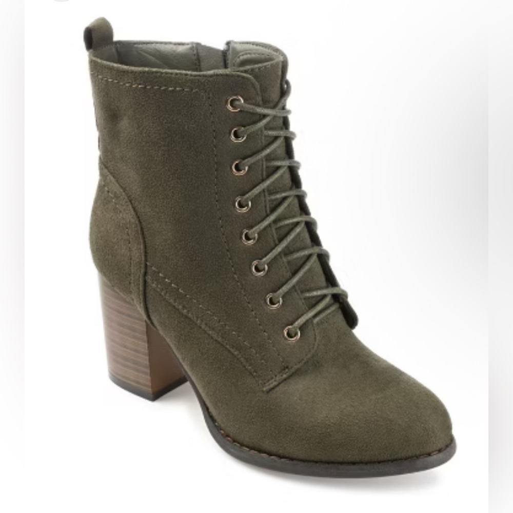 Journee Collection Baylor Lace-Up Bootie Olive Faux‎ Suede Block Heel Size 8 NIB